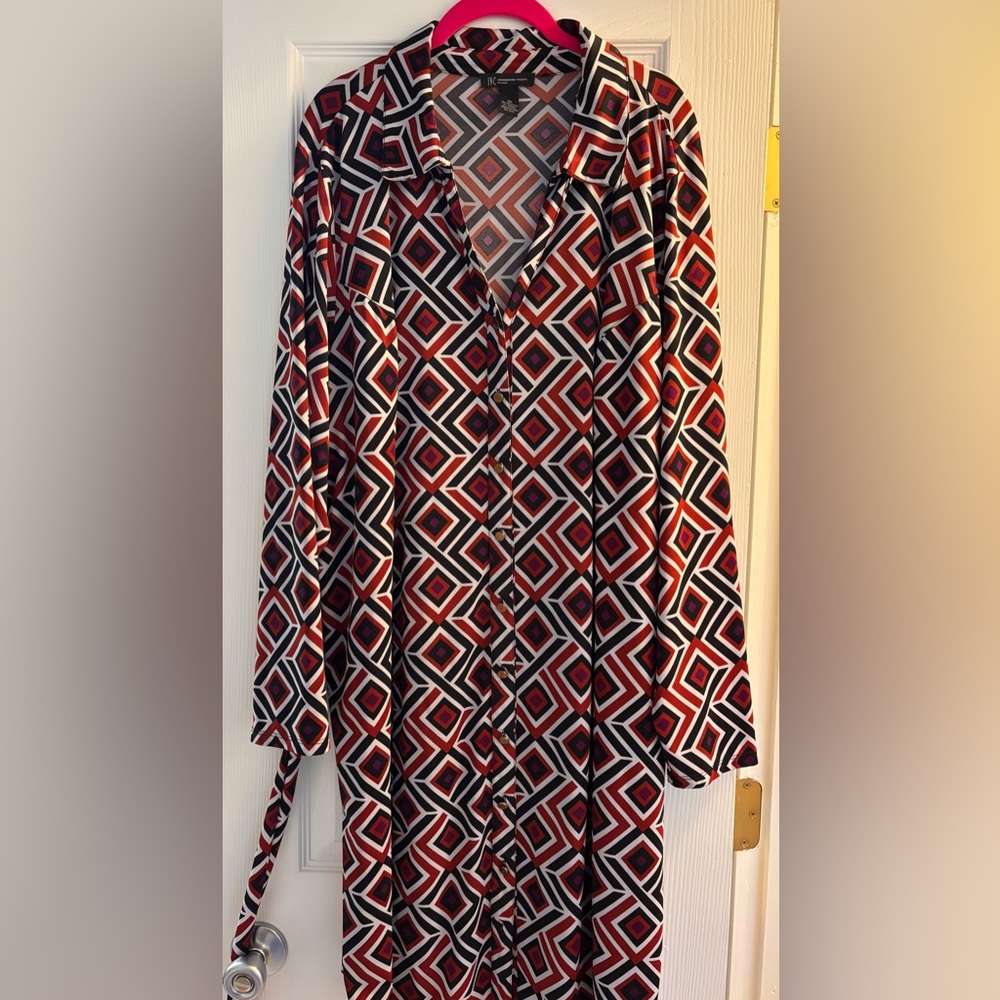 INC International Concepts Long Sleeve Geometric Belted Shirt Dress 3X